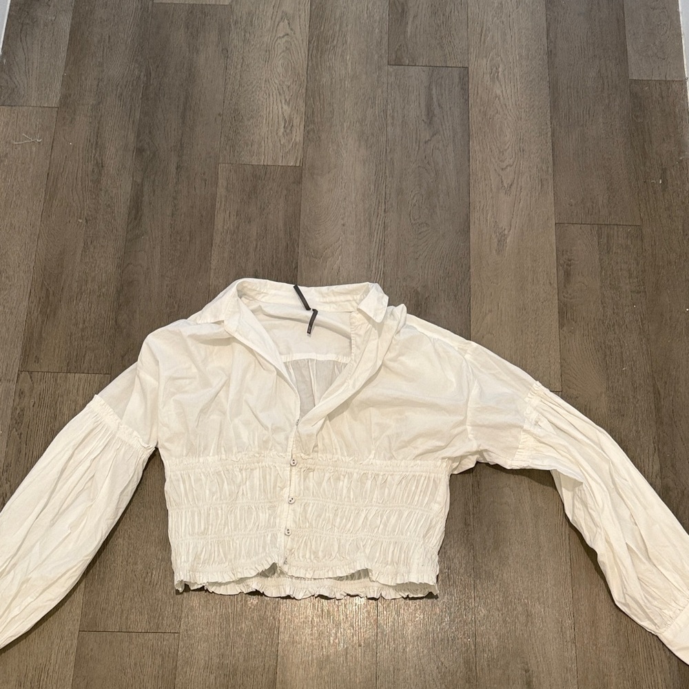 Anthropologie Cream Smocked Button-Front Blouse